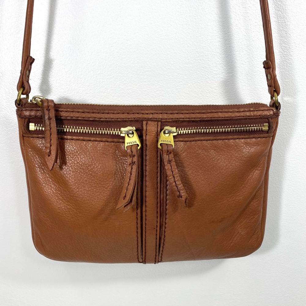 Vintage Fossil Erin Cognac Caramel Brown Pebbled Leather Top Zip Crossbody Bag - Picture 15 of 16